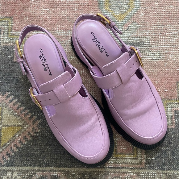 Charlotte Stone Shoes - Charlotte Stone Aubrey Violet Leather Slingback Mules with Gold Buckles